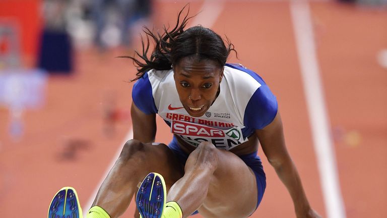 Britain's Lorraine Ugen competes in the women's long jump final at the 2017 European Athletics Indoor Championships in Belgrade on March 5, 2017. / AFP PHO