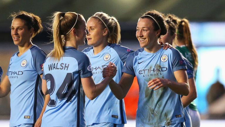 Lucy Bronze (2) celebrates for Manchester City 