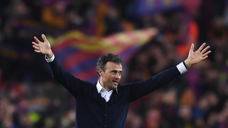 BARCELONA, SPAIN - MARCH 08:  Luis Enrique manager of Barcelona celebrates victory after the UEFA Champions League Round of 16 second leg match between FC 