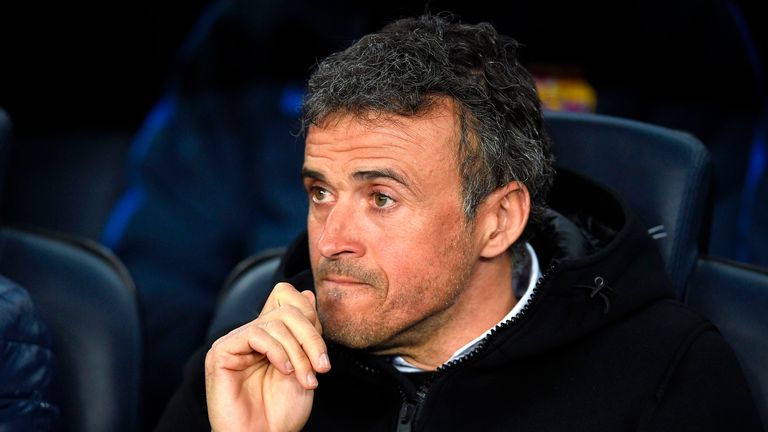 Barcelona's coach Luis Enrique looks on before the Spanish league football match FC Barcelona vs Real Sporting de Gijon at the Camp Nou stadium in Barcelon