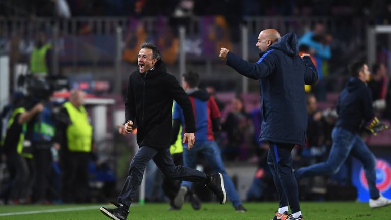 Luis Enrique manager of Barcelona (L) celebrates as Sergi Roberto scores their sixth goal during the UEFA Champions League tie v PSG