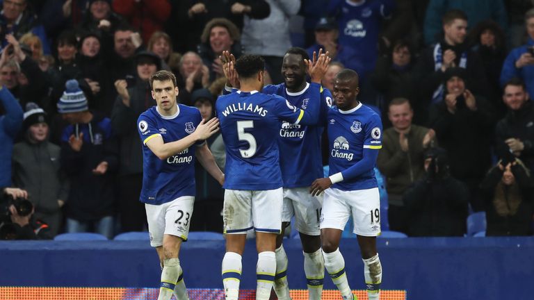 LIVERPOOL, ENGLAND - MARCH 18:  Romelu Lukaku of Everton (10)) celebrates as he scores their fourth goal with team mates during the Premier League match be