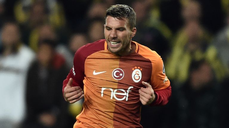 Galatasaray's German forward Lukas Podolsky reacts during the Turkish Super Lig football match between Fenerbahce and Galatasaray at the Fenerbahce Ulker S