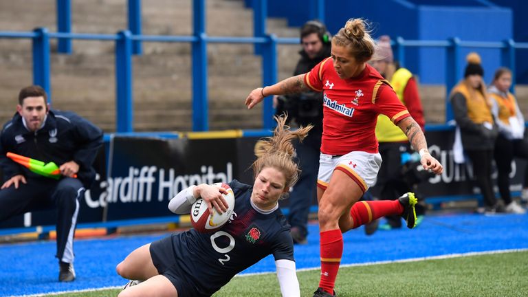 CARDIFF, WALES - FEBRUARY 11:  Lydia Thompson of England goes over to score her team's fourth try  during the Womens Six Nations match between Wales and En
