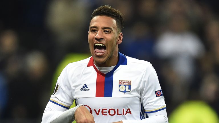 Lyon's French midfielder Corentin Tolisso celebrates after scoring a goal during the UEFA Europa League round of 16 football match between Lyon and AS Roma