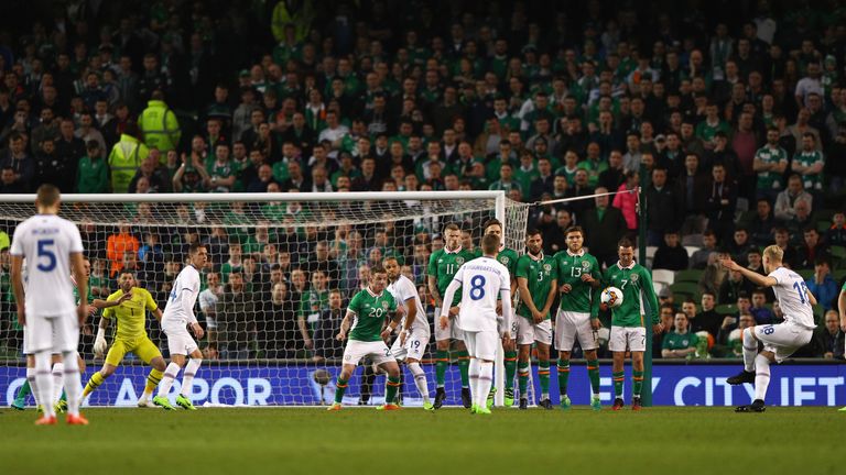 DUBLIN, IRELAND - MARCH 28: Hordur Magnusson of Iceland scores the opening goal during the International Friendly match between Republic of Ireland and Ice