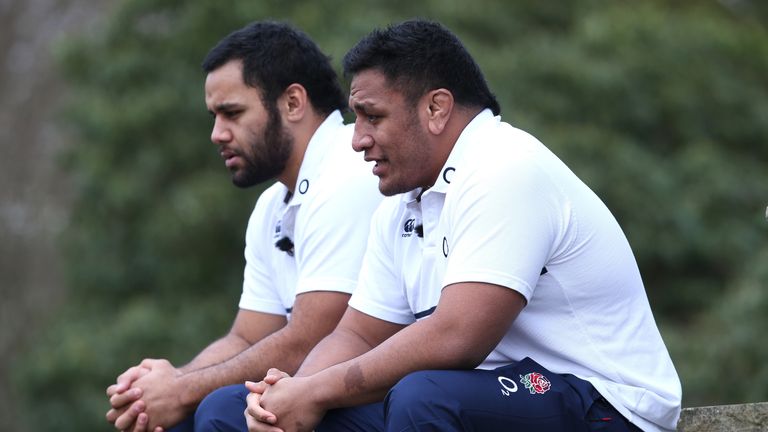 Mako Vunipola (right) and his brother Billy Vunipola face the media at Pennyhill Park