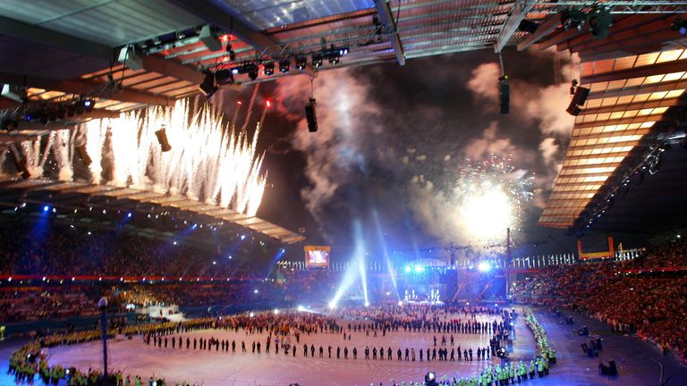 MANCHESTER, UNITED KINGDOM:  Fireworks explode over the city of Manchester stadium during the closing ceremony of The XVII Commonwealth Games in Manchester