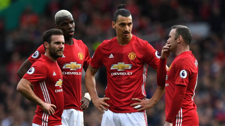 MANCHESTER, ENGLAND - MARCH 04:  Juan Mata of Manchester United (L), Paul Pogba of Manchester United (C), Zlatan Ibrahimovic of Manchester United (CR) and 