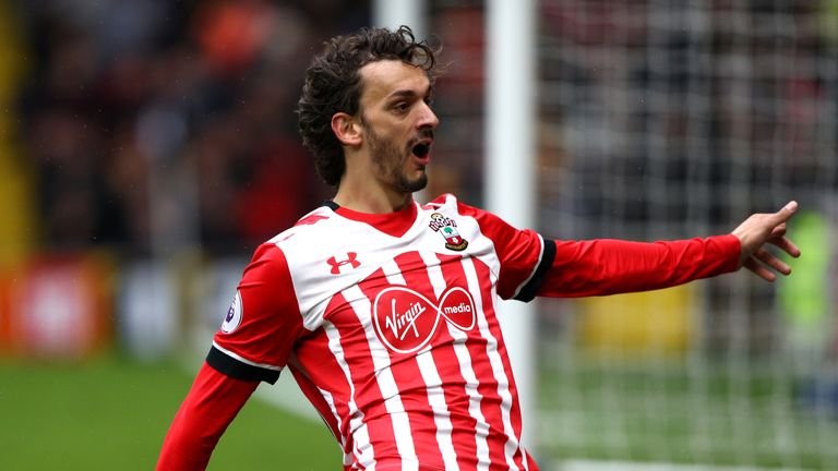 WATFORD, ENGLAND - MARCH 04: Manolo Gabbiadini of Southampton celebrates scoring his fourth goal during the Premier League match between Watford and Southa