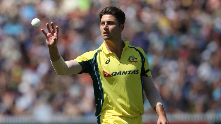Marcus Stoinis of Australia catches the ball as he prepares to bowl during the One Day International cricket match between New Zealand and Australia at Sed