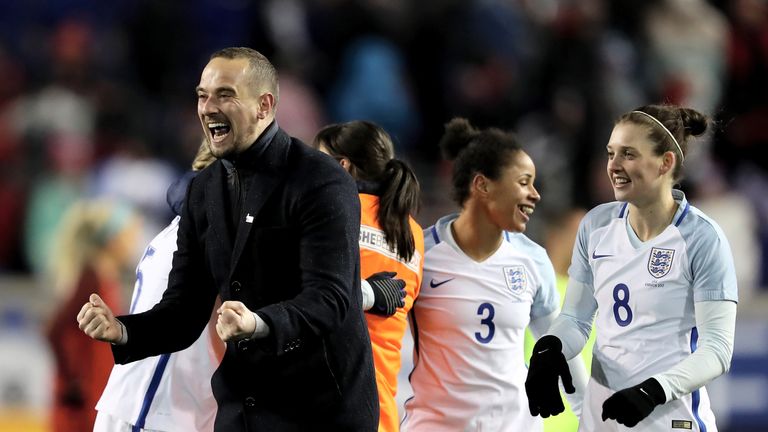 HARRISON, NJ - MARCH 04:  Head coach Mark Sampson of England celebrates the win over the United States during the SheBelieves Cup at Red Bull Arena on Marc