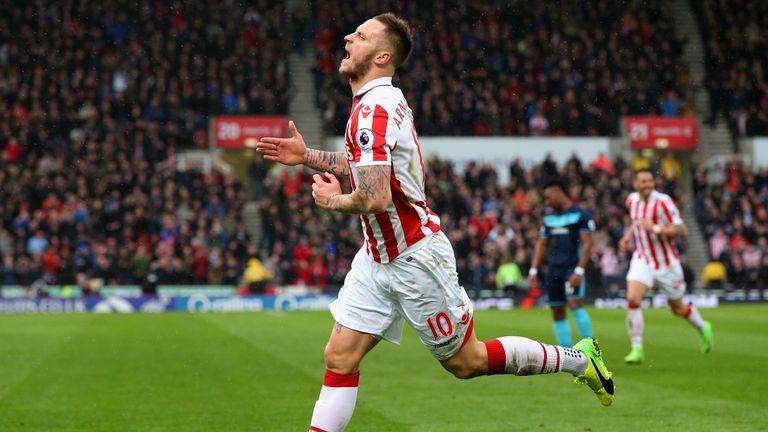 STOKE ON TRENT, ENGLAND - MARCH 04: Marko Arnautovic of Stoke City celebrates scoring his sides first goal during the Premier League match