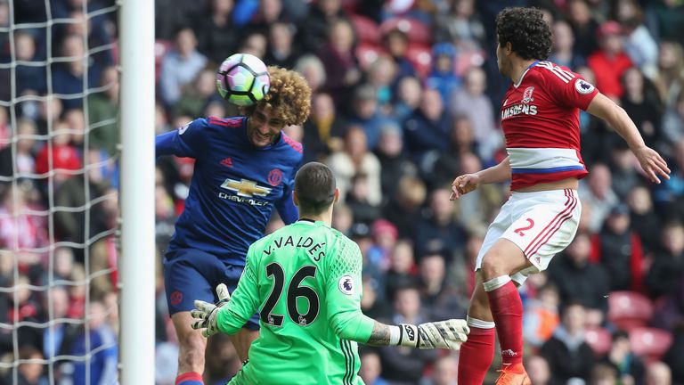 Marouane Fellaini directs a header past Victor Valdes to score the opening goal at the Riverside Stadium