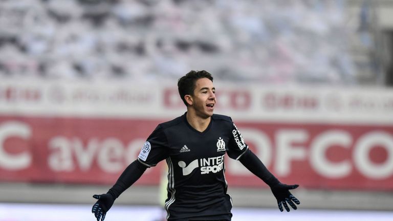 Olympique de Marseille's French midfielder Maxime Lopez celebrates after scoring a goal during the French L1 football match Dijon (DFCO) vs Marseille (OM) 