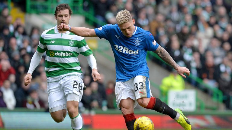 Martyn Waghorn takes aim during the opening stages of the Old Firm derby
