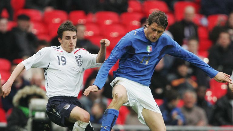 LONDON - MARCH 24:  Matt Derbyshire of England challenges Andrea Coda of Italy during the U21 International Friendly match between England and Italy at Wem