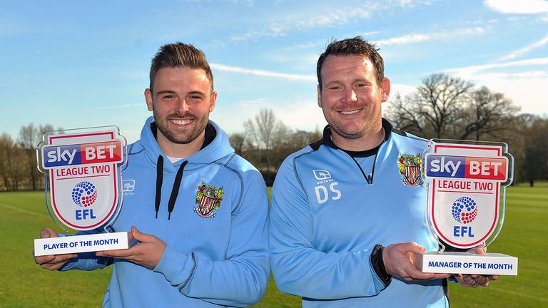 Matt Godden and Darren Sarll of Stevenage win the Sky Bet League Two player and manager of the month awards for February