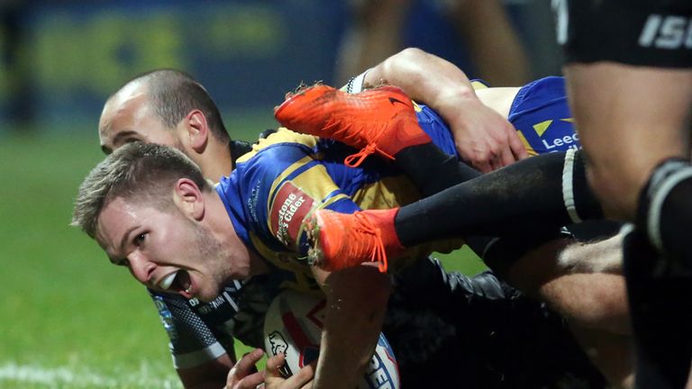 Leeds Rhinos' Matt Parcell scores a try during the Super League match at Headingley Stadium, Leeds.