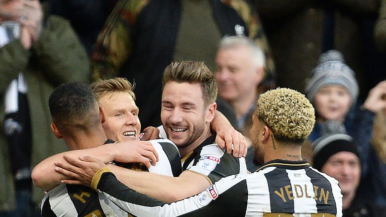 Matt Ritchie (second left) celebrates with team-mates after scoring Newcastle United's first goal of the game