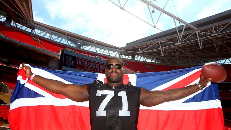 LONDON, ENGLAND - JULY 16: Great Britains Menelik Watson of Oakland Raiders poses for a photo during a NFL Media Day at Wembley Stadium, on July 16, 2014 i