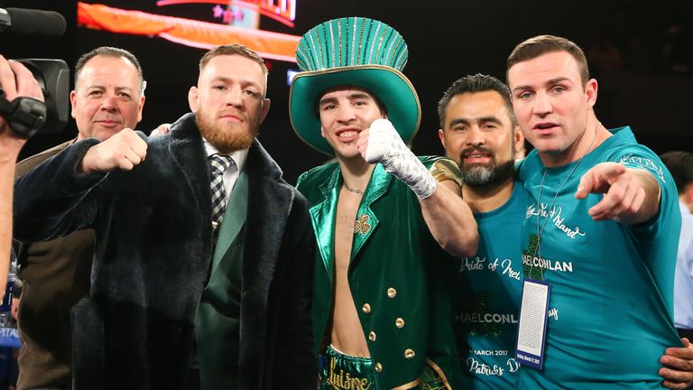 NEW YORK, NY - MARCH 17:  (L to R) Conor McGregor, Michael Conlan & Matthew Macklin celebrate Conlan's 3rd round TKO win over  Tim Ibarra in his super bant