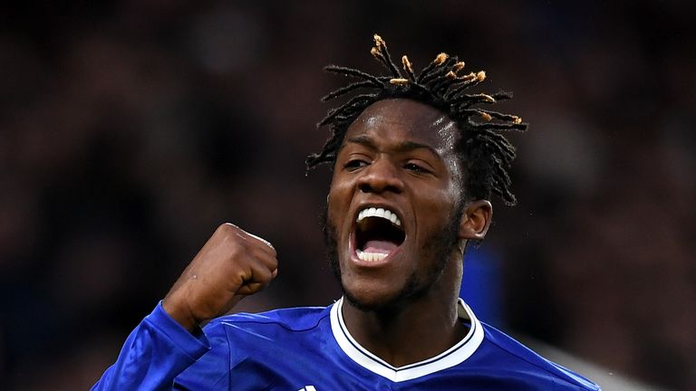 LONDON, ENGLAND - JANUARY 28: Michy Batshuayi of Chelsea celebrates after scoring his sides fourth goal during the Emirates FA Cup Fourth Round match betwe