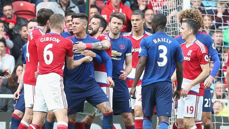 Middlesbrough and Manchester United players get embroiled in a scuffle at the Riverside