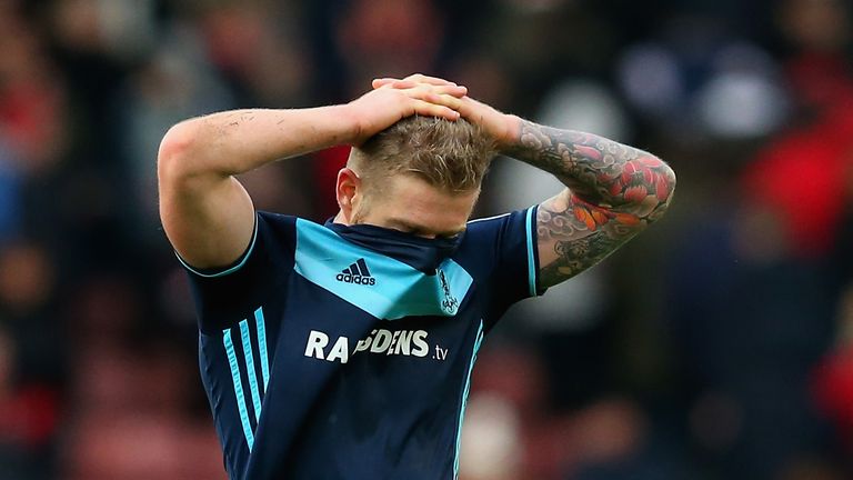 STOKE ON TRENT, ENGLAND - MARCH 04: Adam Clayton of Middlesbrough is dejected after the Premier League match between Stoke City and Middlesbrough at Bet365