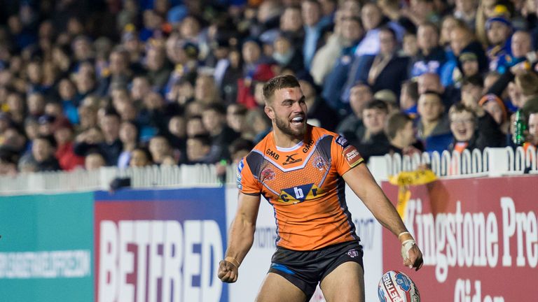 Castleford's Mike McMeeken celebrates his try against Leeds.