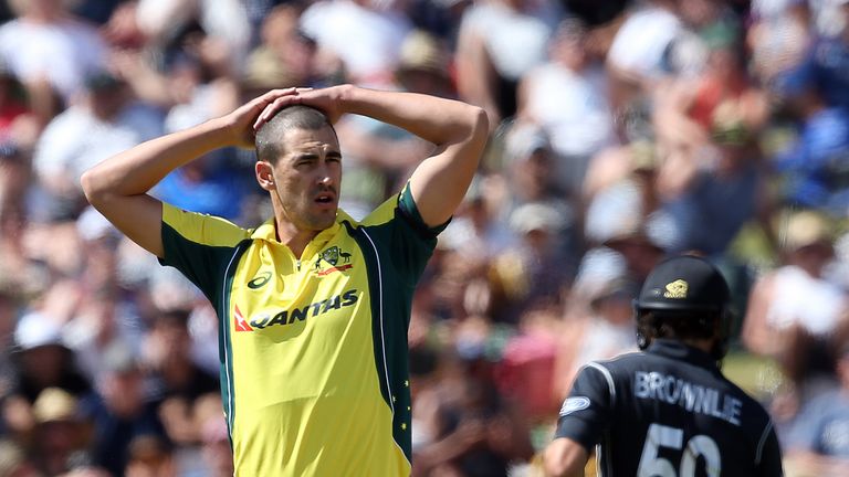 Mitchell Starc looks on after bowling during the ODI match between New Zealand and Australia at Seddon Park