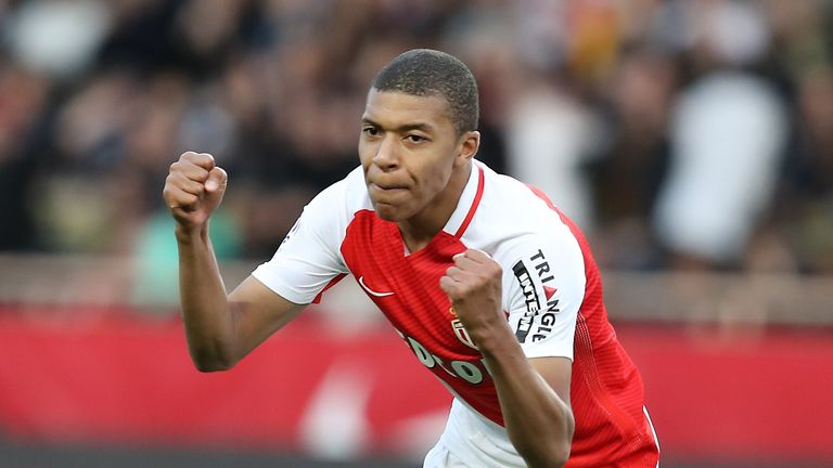 Monaco's French forward Kylian Mbappe celebrates after scoring a goal during the French L1 football match Monaco (ASM) vs Bordeaux (GB) 
