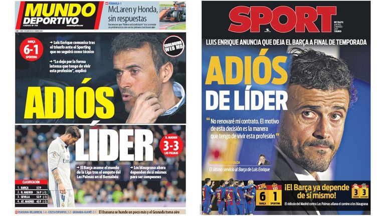 The front pages of Mundo Deportivo and Sport following Luis Enrique's decision to leave Barcelona