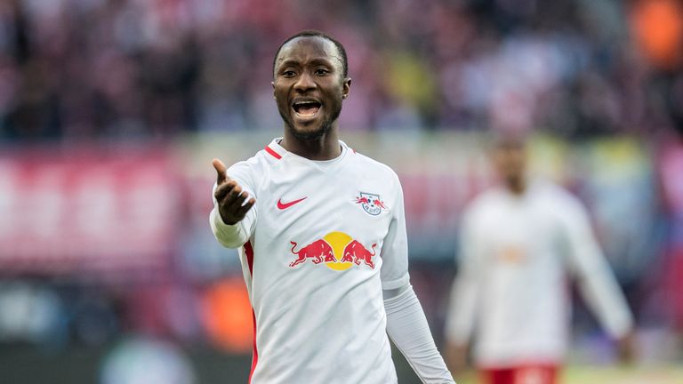 LEIPZIG, GERMANY - MARCH 11:  Naby Keita of RB Leipzig gestures during the Bundesliga match between RB Leipzig and VfL Wolfsburg at Red Bull Arena on March