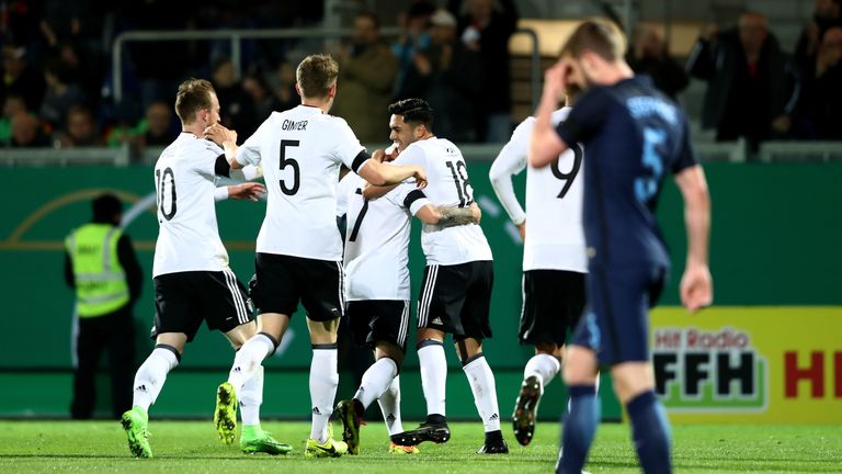 Nadiem Amiri celebrates during the U21 international friendly match between Germany and England at BRITA-Arena on March 24, 2017 in Wiesbaden, Germany.