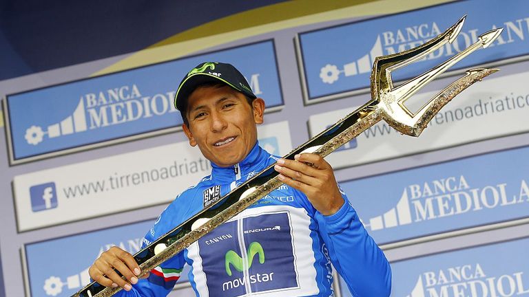 Nairo Quintana poses with the "Sea Master " trophy on the podium after winning the Tirreno - Adriatico cycling race in San Benedetto del Tronto