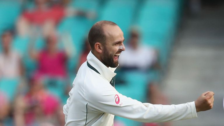 Nathan Lyon of Australia celebrates taking the wicket of Wahab Riaz of Pakistan during day three of the Third Test match