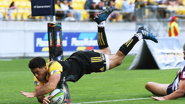 Nehe Milner-Skudder scores during the round two Super Rugby match against the Rebels