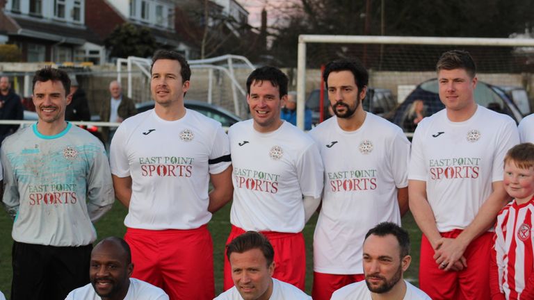 Neil Mellor (right) and Ralf Little (second right) were among those in the Kevin Davies XI