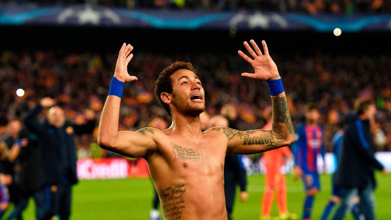 Neymar celebrates after Barcelona's extraordinary comeback at Camp Nou