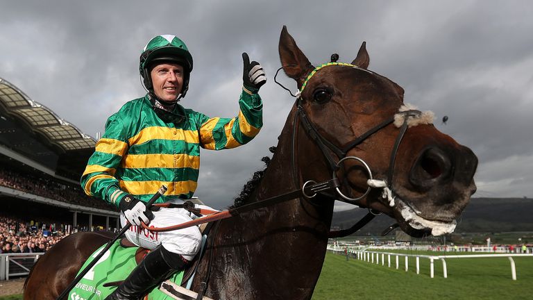 Noel Fehily on Buveur D'air celebrates winning the 15:30 Stan James Champion Hurdle Challenge Trophy at Cheltenham