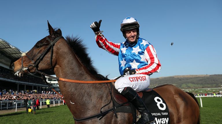 Noel Fehily celebrates winning the Betway Queen Mother Champion Chase on Special Tiara during Ladies Day at Cheltenham