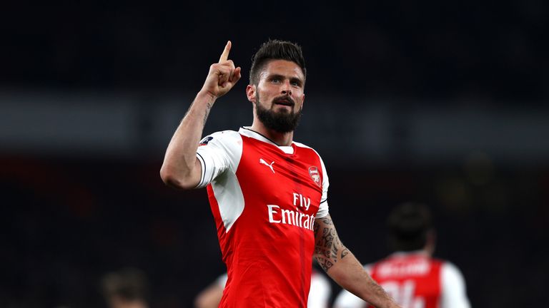 Olivier Giroud celebrates after putting Arsenal 2-0 up against Lincoln