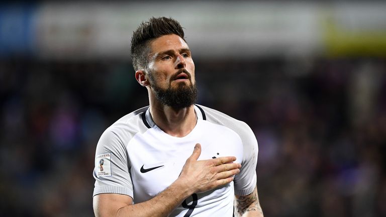 France's forward Olivier Giroud celebrates his goal during the FIFA World Cup 2018 qualifying football match Luxembourg vs France on March 25, 2017 at Josy