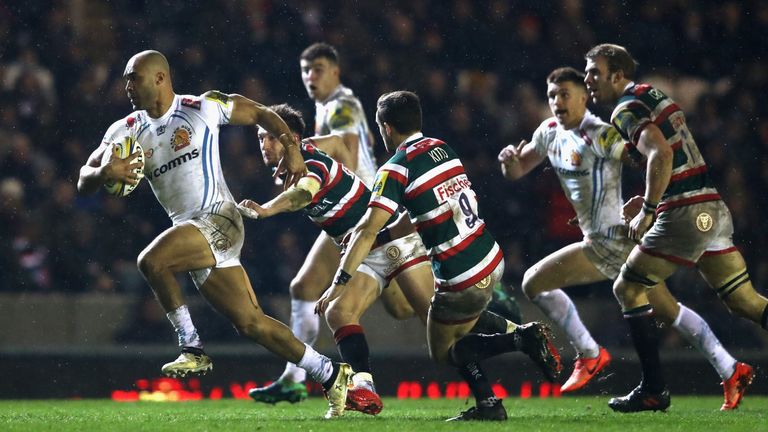 LEICESTER - MARCH 03 2017:  Olly Woodburn of Exeter charges upfield during the Aviva Premiership match between Leicester Tigers and Exeter Chiefs