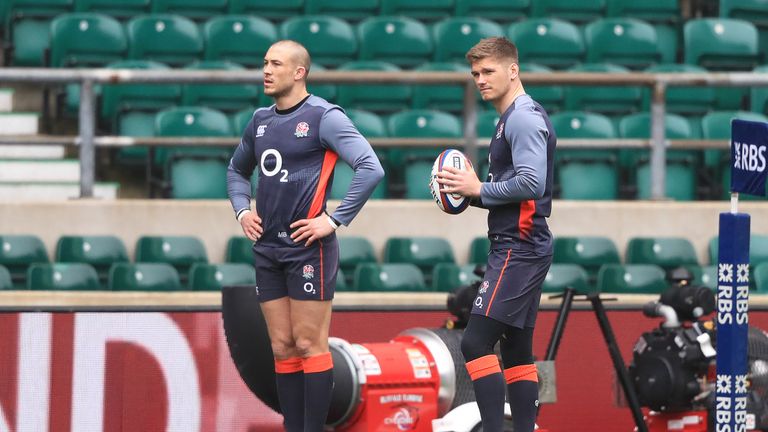 Mike Brown and Owen Farrell during the Captain's Run at Twickenham Stadium