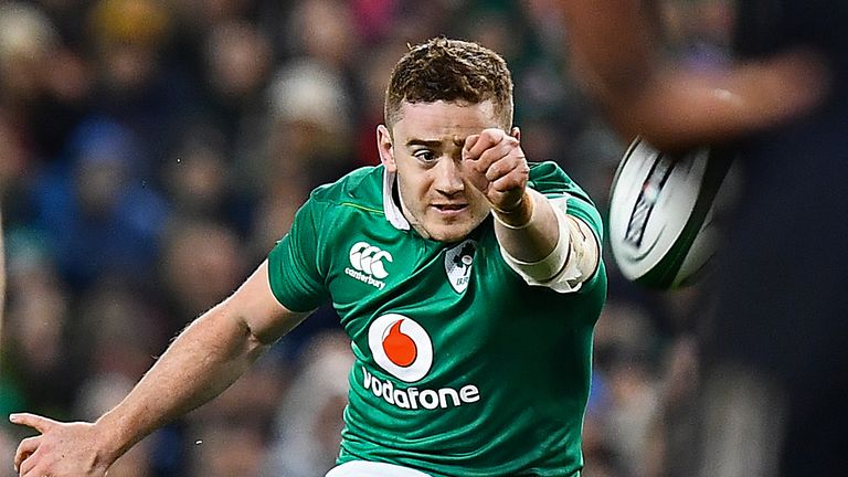 Ireland's Paddy Jackson takes a penalty kick during the Six Nations international rugby union match between Ireland and France at the Aviva Stadium in Dubl