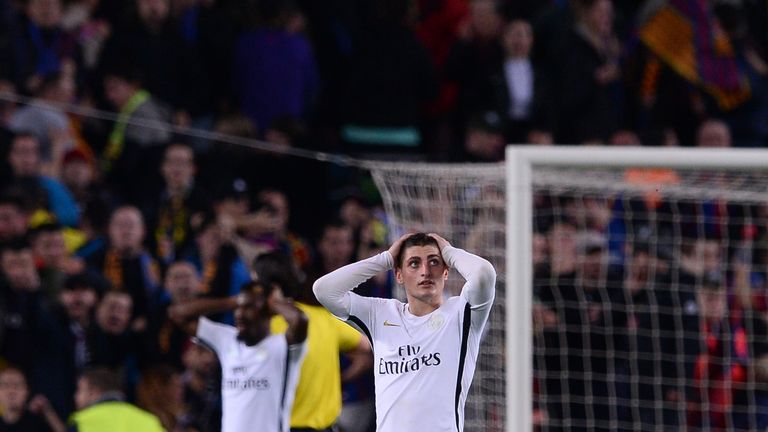 Paris Saint-Germain's Italian midfielder Marco Verratti reacts on the pitch during Barcelona defeat