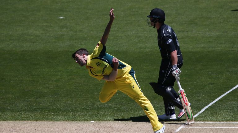 AUCKLAND, NEW ZEALAND - JANUARY 30:  Pat Cummins of Australia bowls during the first One Day International game between New Zealand and Australia at Eden P