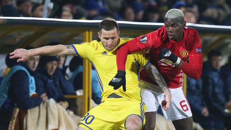 Paul Pogba and Fedor Kudryashov battle for possession during their Europa League tie